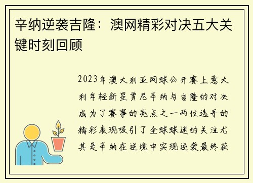 辛纳逆袭吉隆：澳网精彩对决五大关键时刻回顾