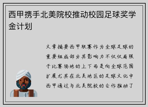 西甲携手北美院校推动校园足球奖学金计划 西甲携手北美院校推动校园足球奖学金计划