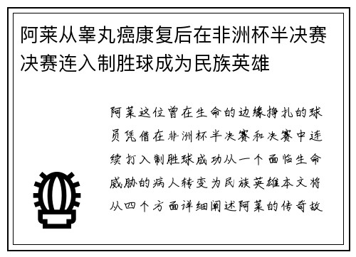 阿莱从睾丸癌康复后在非洲杯半决赛决赛连入制胜球成为民族英雄 阿莱从睾丸癌康复后在非洲杯半决赛决赛连入制胜球成为民族英雄